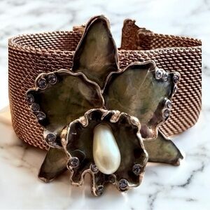 Copper Mesh Statement Bracelet with Enamel Flower, Pearl Accent & Rhinestones